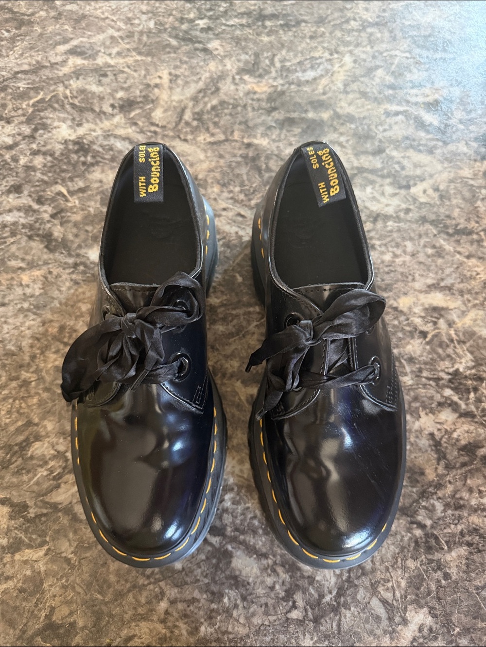 Dr. Martens Black Leather Oxford Shoes with Yellow Stitching